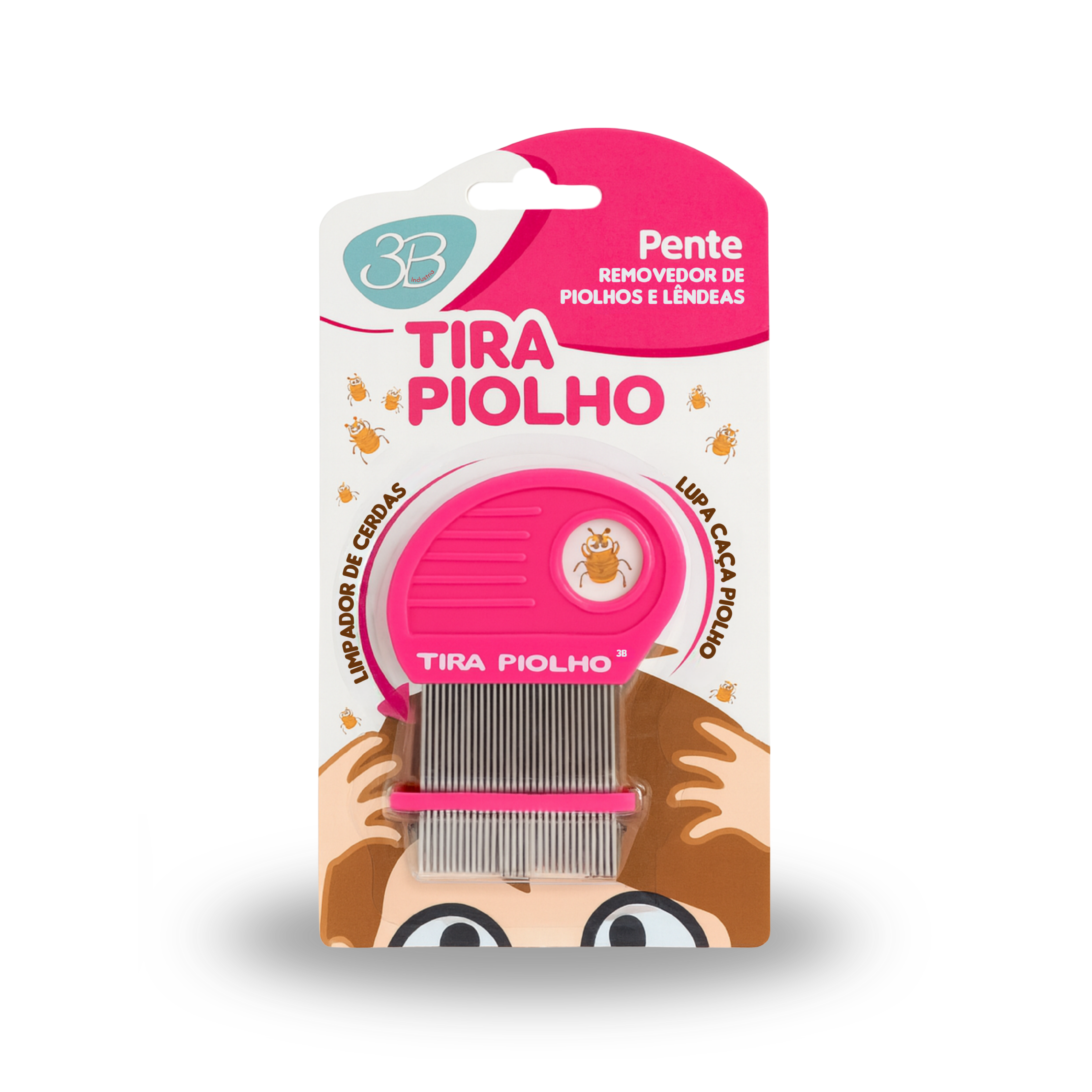 PENTE DE AÇO TIRA PIOLHO 3B COM LUPA ROSA